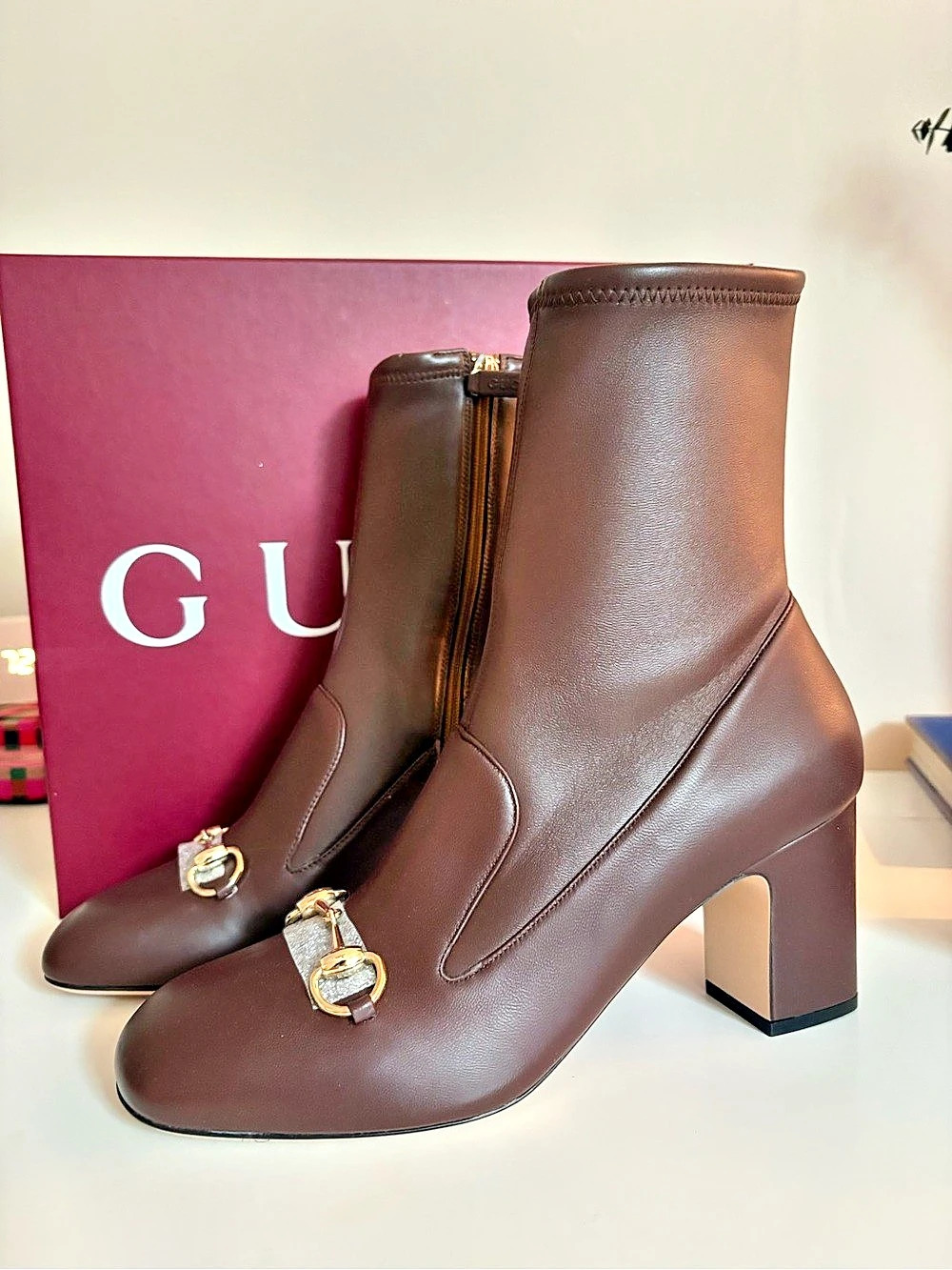 GUCCI Horsebit Block Heel Bootie Brown Nappa Leather US 10 NEW